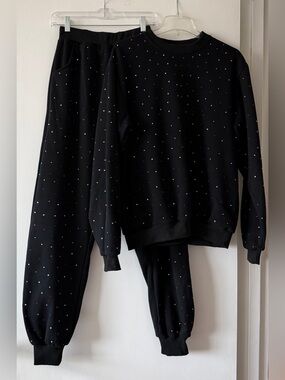 Lola + The Boys Rainbow Sparkle Track Set Black Rhinestone Sweatshirt Joggers L